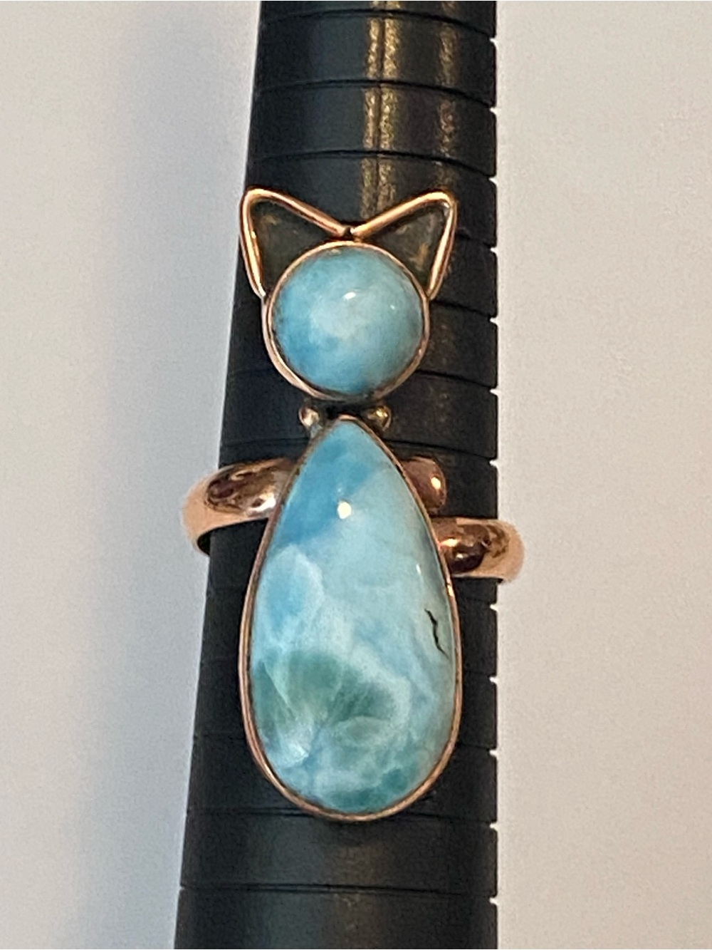 Solid Copper Blue Larimar Cat Statement Adjustable Ring Kitty